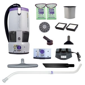 ProTeam GoFree Flex Pro II Cordless Backpack Vacuum with ergonomic adjustable harness, powerful lithium-ion battery providing up to 75 minutes of runtime, HEPA filtration system, and versatile attachments, ideal for large, power outlet-free cleaning areas.
