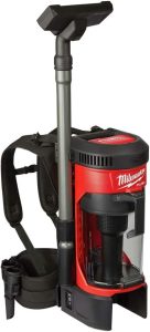 Milwaukee M18 FUEL 3-in-1 Backpack Vacuum featuring a compact, ergonomic design with a padded harness, cordless operation, and versatile attachments including a crevice tool, dusting brush, and floor tool, ideal for construction sites and large cleaning areas. 