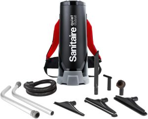 Sanitaire QuietClean Backpack Vacuum SC535A with ergonomic harness, 11.5-pound lightweight design, HEPA filtration system, large capacity, and versatile attachments, ideal for noise-sensitive environments like schools and offices.