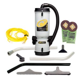 ProTeam LineVacer HEPA Backpack Vacuum with an ergonomic backpack design, advanced HEPA and ULPA filtration system, durable construction, and versatile attachments, designed for industrial cleaning tasks and hazardous material removal in large spaces.