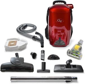 GV 8 Qt Quart Lightweight Backpack Vacuum featuring a compact 10-pound design, adjustable straps for comfort, an 8-quart capacity, HEPA filtration system, and versatile attachments, ideal for residential cleaning and pet owners.