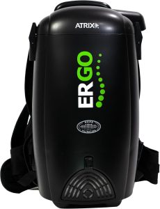 Atrix VACBP1 HEPA Backpack Vacuum with a lightweight 10-pound design, ergonomic adjustable straps, HEPA filtration system, versatile attachments, and compact size, ideal for residential cleaning and pet owners.