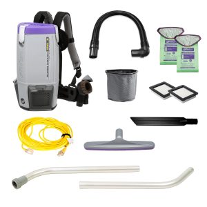 ProTeam Super Coach Pro 6 Backpack Vacuum featuring an ergonomic harness, 50-foot power cord, HEPA filtration system, and versatile attachments, designed for efficient cleaning in large commercial spaces.