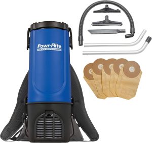 Powr-Flite Comfort Pro BP6S Backpack Vacuum featuring an ergonomic design with padded adjustable straps, a six-quart capacity, quiet operation, and a HEPA filtration system, ideal for commercial and high-traffic cleaning areas.
