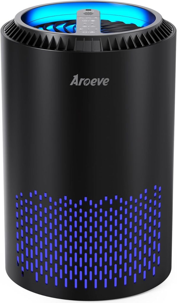 AROEVE MK01 Air Purifier with a compact and cylindrical design, featuring top air outlets and touch controls, displayed in a serene bedroom setting for efficient air cleaning.