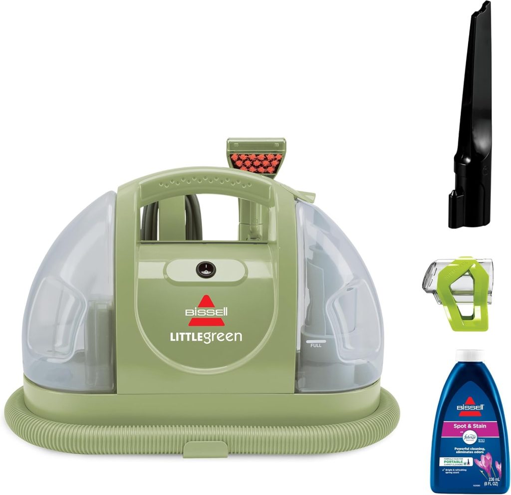 This image features the BISSELL Little Green Multi-Purpose Portable Carpet and Upholstery Cleaner (model 1400B). It's a compact, portable cleaning device designed for removing stains and cleaning carpets, upholstery, and other surfaces. The set includes the main unit, a black crevice tool, a green brush attachment, and a bottle of BISSELL Spot & Stain cleaning solution. Its small, ergonomic design makes it suitable for tasks like car detailing or home spot-cleaning projects. 