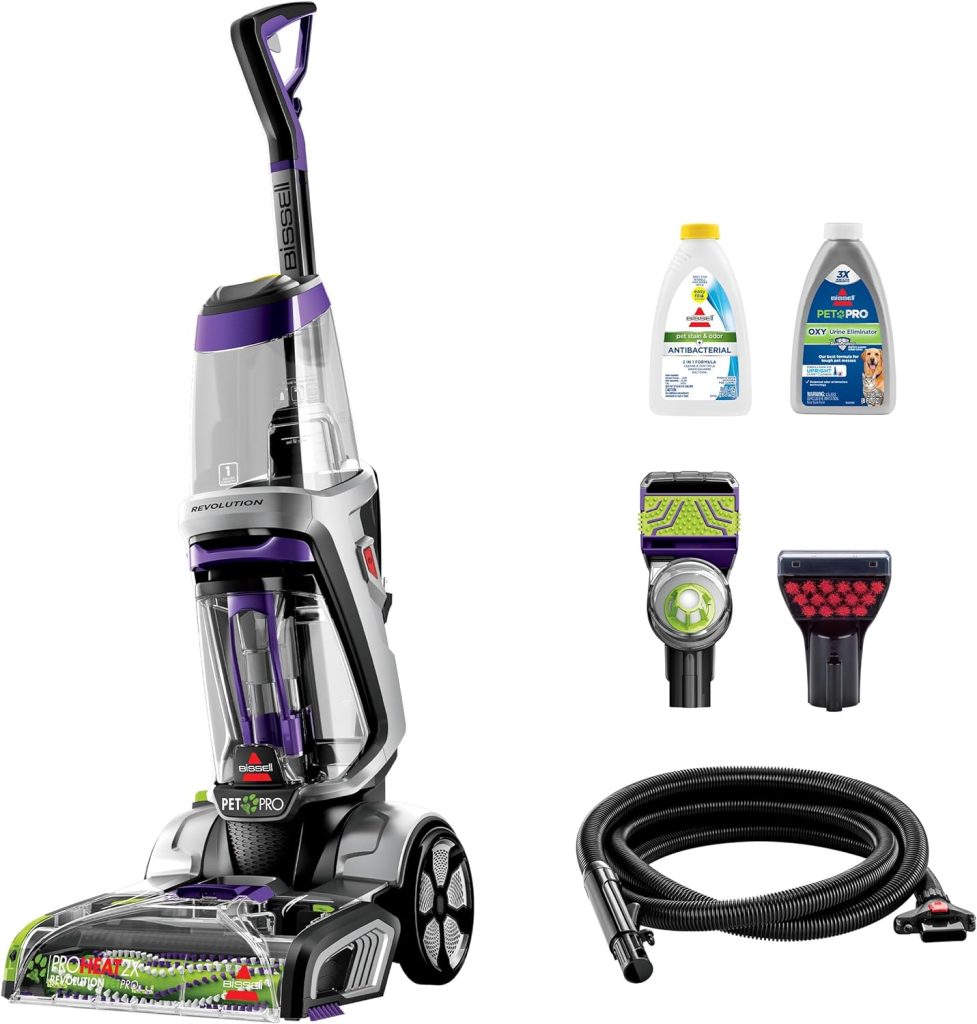 "Image of the BISSELL ProHeat 2X Revolution Pet Pro Plus Carpet Cleaner, a sleek upright machine in gray and purple. Features include dual DirtLifter PowerBrushes, a CleanShot pretreater, removable water tanks, and an ergonomic handle. Designed for tackling pet stains, odors, and deep-cleaning carpets effectively."