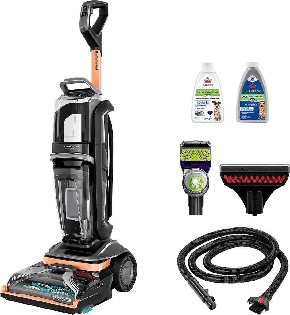 "Image of the BISSELL Revolution HydroSteam Pet Carpet Cleaner, a modern upright carpet cleaning machine in white and teal. Features include HydroSteam Technology for deep cleaning, dual DirtLifter PowerBrushes, removable water tanks, and specialized pet cleaning tools, designed for removing tough pet stains and odors from carpets and upholstery."