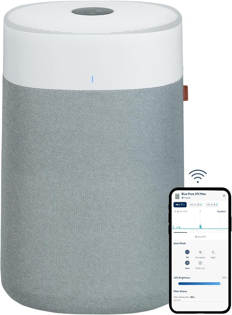 BLUEAIR Blue Pure 211i Max Air Purifier designed for large rooms, featuring a compact rectangular design with a fabric pre-filter base and intuitive controls, positioned in a modern, airy living space.