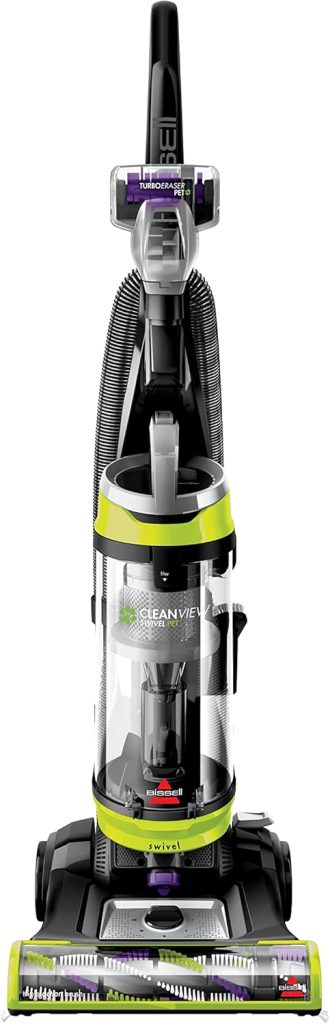 BISSELL CleanView Swivel Pet Upright Vacuum Cleaner with a sleek design, shown with its powerful suction head and swivel steering, ideal for cleaning pet hair and debris on various floor types. 