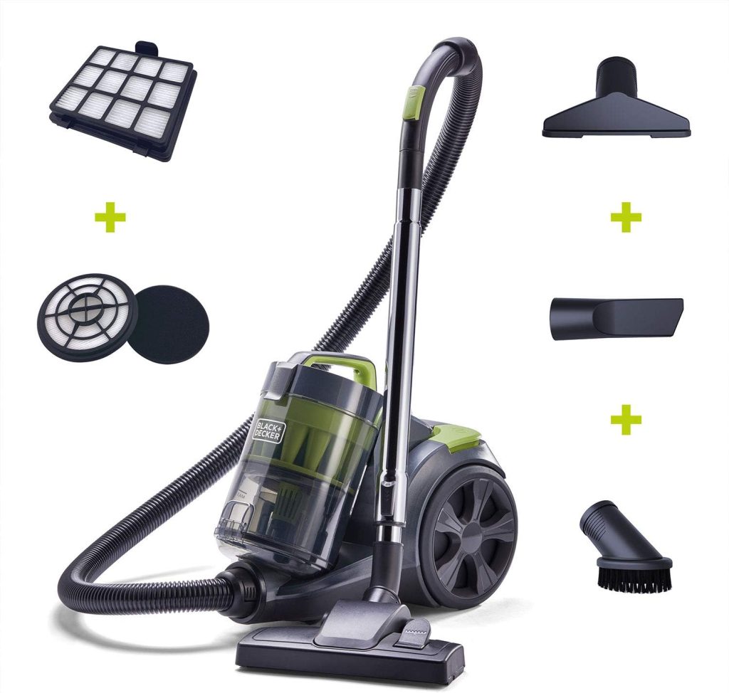 Black+Decker Bagless Multi-Cyclone Canister Vacuum featuring a compact and lightweight design with a transparent dustbin, multi-cyclonic filtration system, and versatile attachments, displayed in a modern home for efficient cleaning on various surfaces.