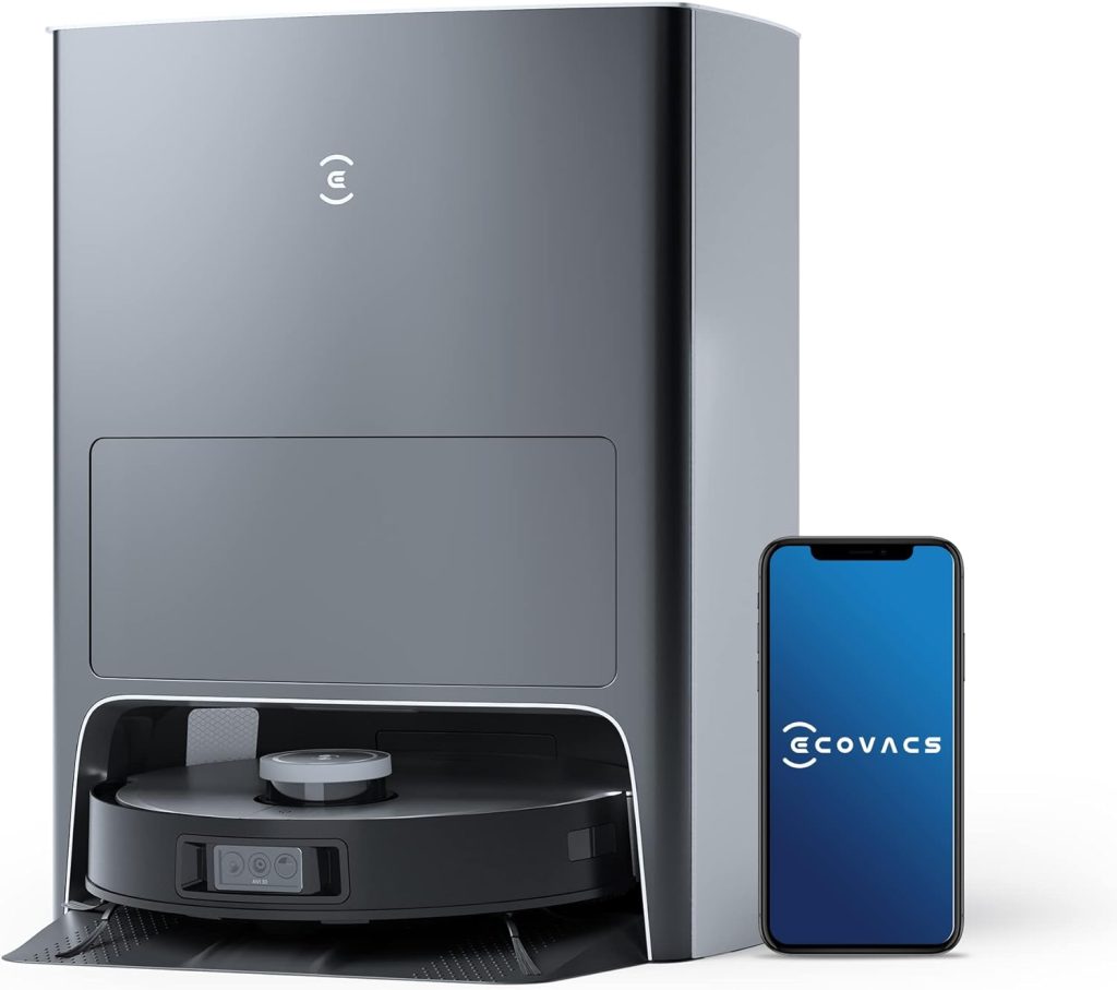 ECOVACS DEEBOT X1 Omni robot vacuum and mop with a sleek, futuristic design, paired with its multifunctional docking station, showcasing its advanced cleaning technology and smart home capabilities.
