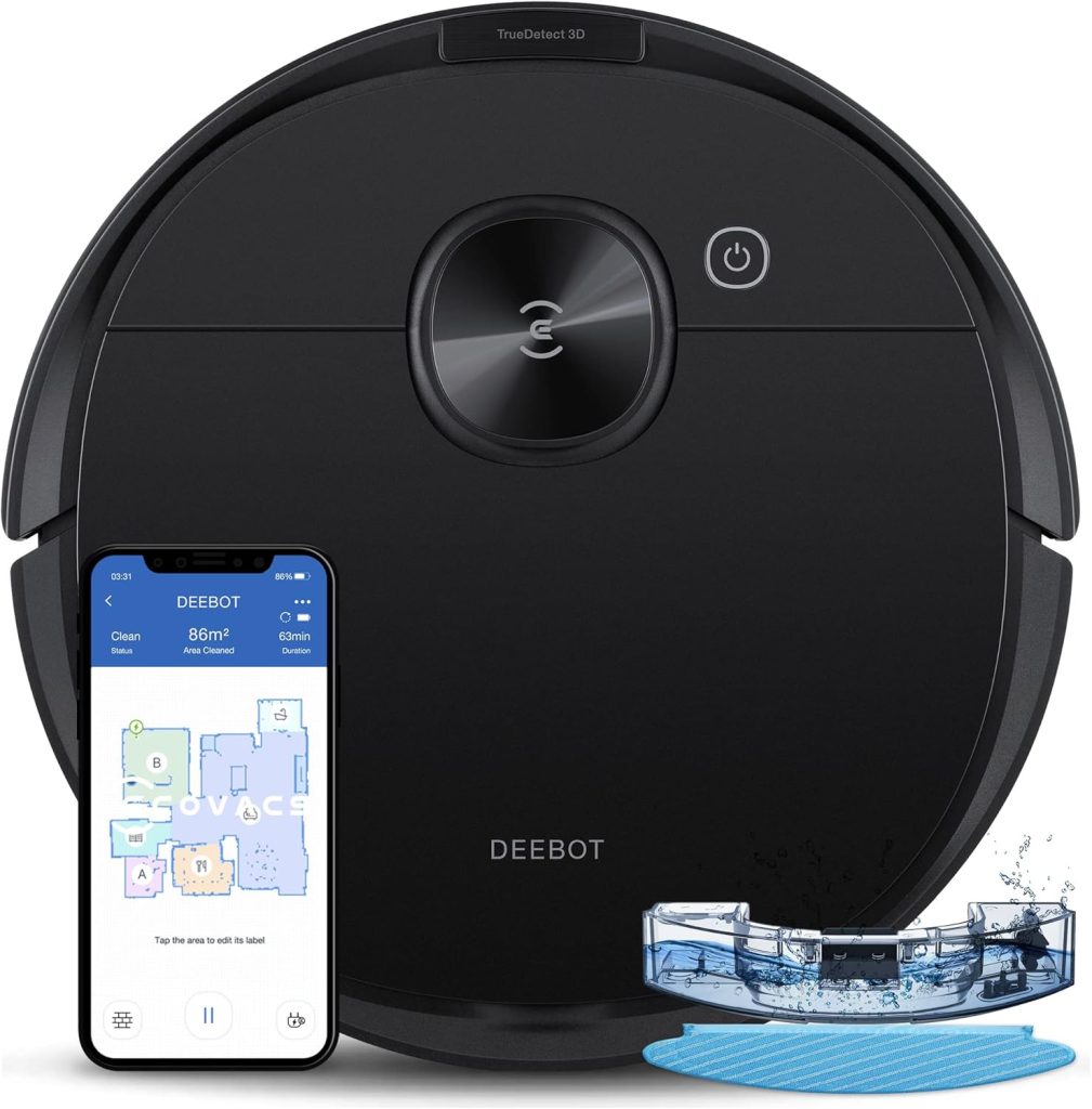 ECOVACS Deebot N8 Pro+ robot vacuum with a sleek design, positioned near its auto-empty docking station, highlighting its powerful suction and advanced object detection features.