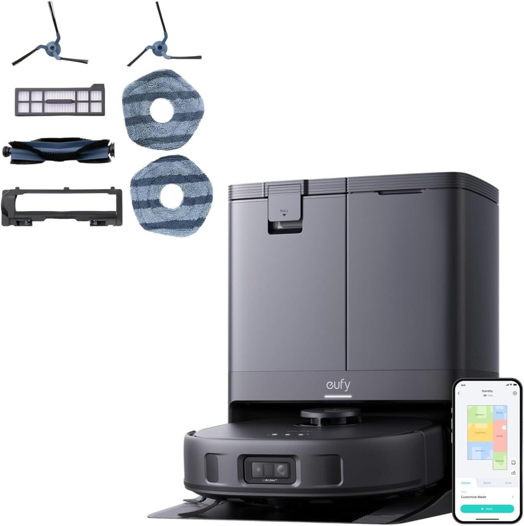 Eufy X10 Pro Omni robot vacuum and mop in a compact, modern design, placed near its all-in-one docking station, emphasizing its powerful cleaning features and intelligent home integration.