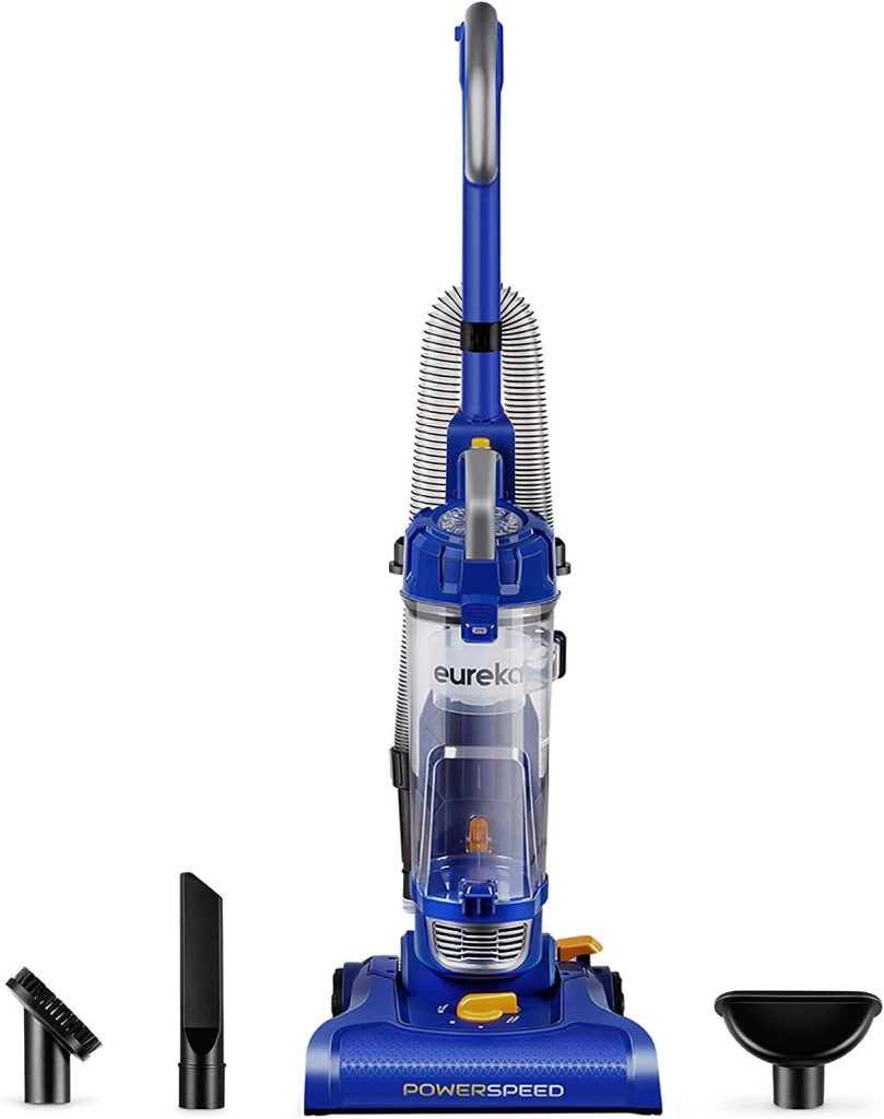 Eureka NEU182A PowerSpeed Lightweight Upright Vacuum with a compact, lightweight design, multi-surface cleaning capability, and a large dust cup for extended use.