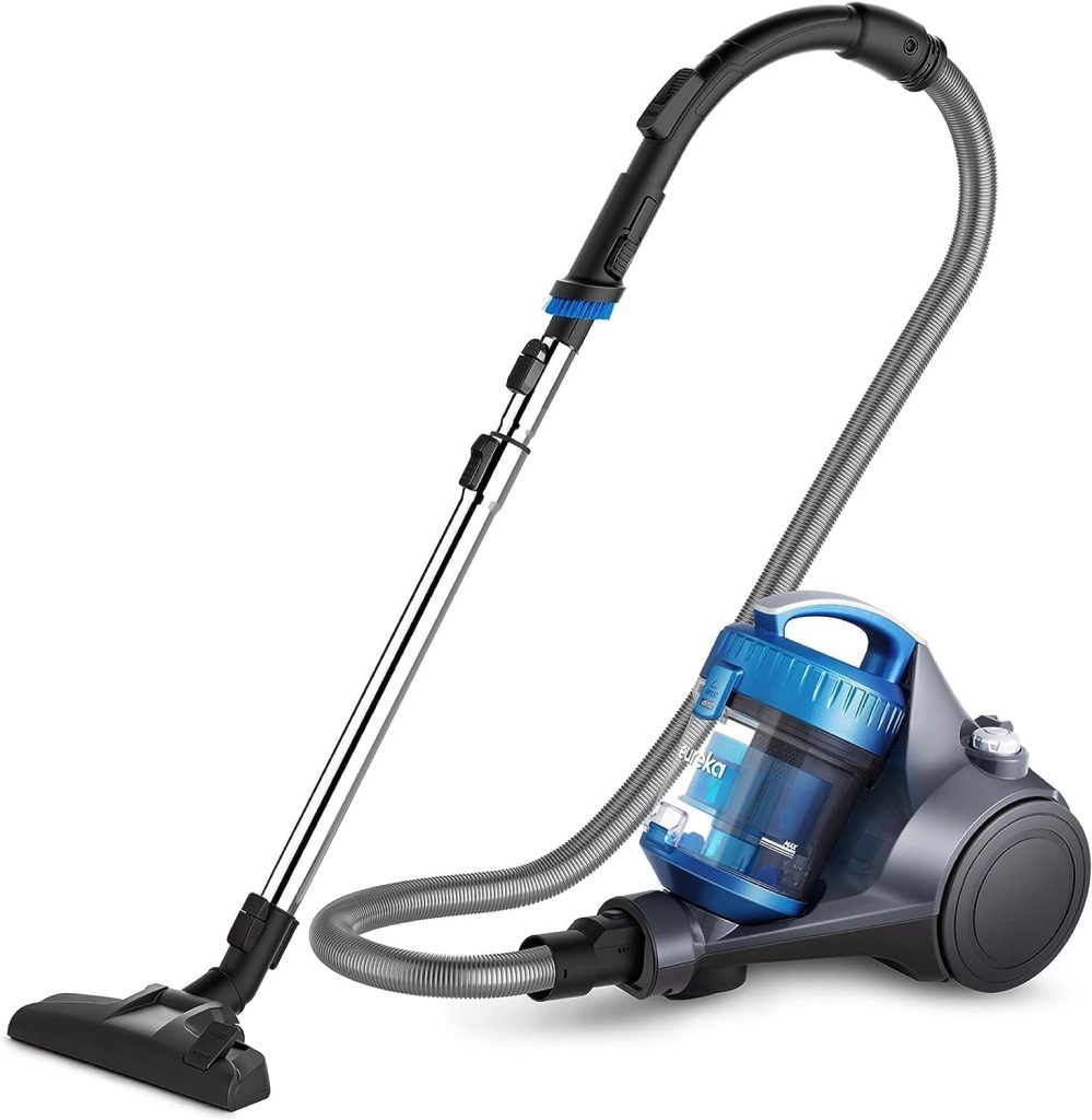 Eureka WhirlWind Bagless Canister Vacuum with a compact and lightweight design, featuring a multi-surface cleaning nozzle, easy-to-empty dustbin, and integrated airflow control, displayed in a bright, tidy home environment for efficient cleaning of carpets, rugs, and hard floors.