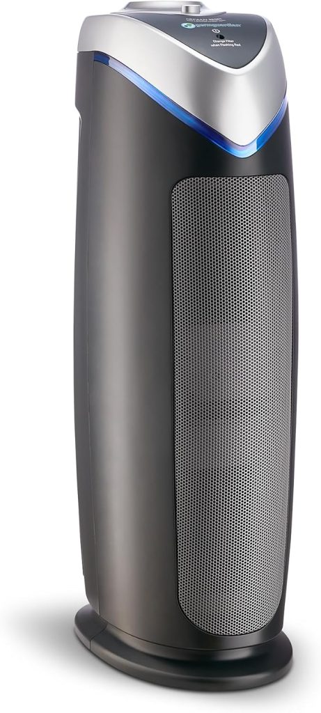 GermGuardian AC4825E Air Purifier with a tower design, featuring a HEPA 13 filter and UV-C light technology, placed in a home setting for effective air cleaning and germ reduction.