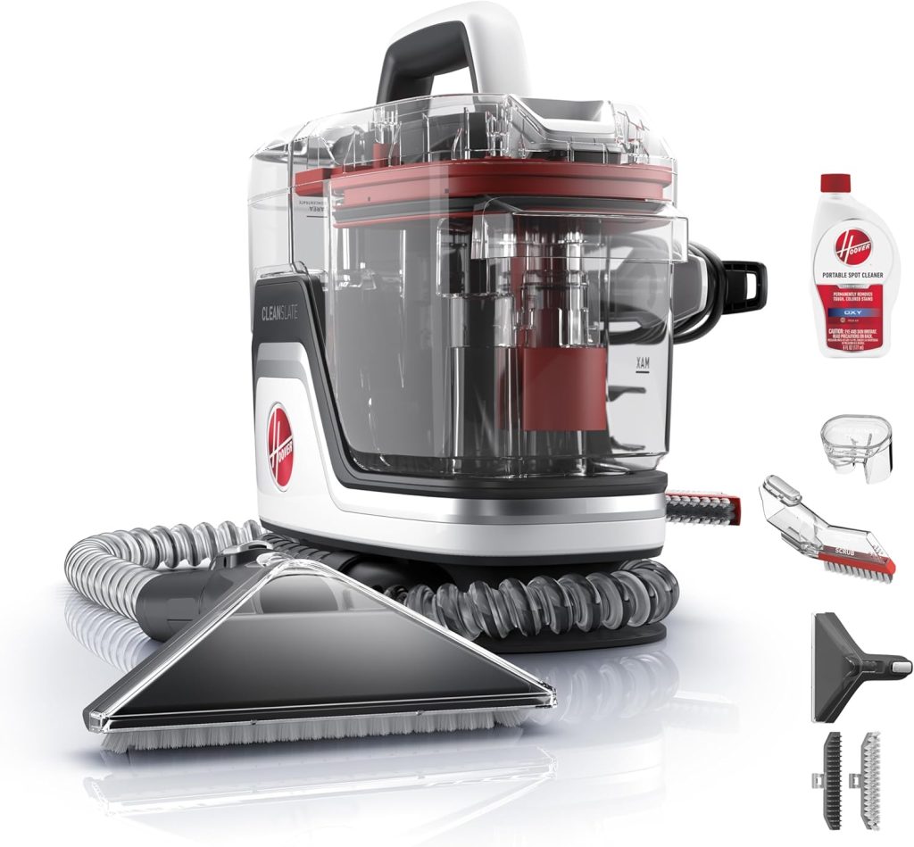 "Image of the Hoover CleanSlate Plus Carpet & Upholstery Spot Cleaner, a compact and portable cleaning device in white and teal. Features include powerful suction, multiple cleaning attachments, a removable water tank, and a hose for targeted cleaning, designed for removing tough stains from carpets, upholstery, and fabrics."