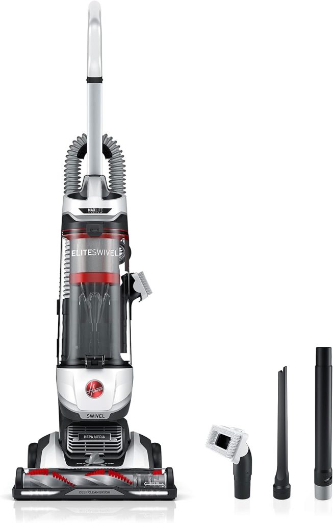 Hoover MAXLife Pro Pet Swivel Upright Vacuum Cleaner featuring a powerful MAXLife filtration system, swivel steering, and specialized tools designed for removing pet hair and cleaning multiple surfaces.