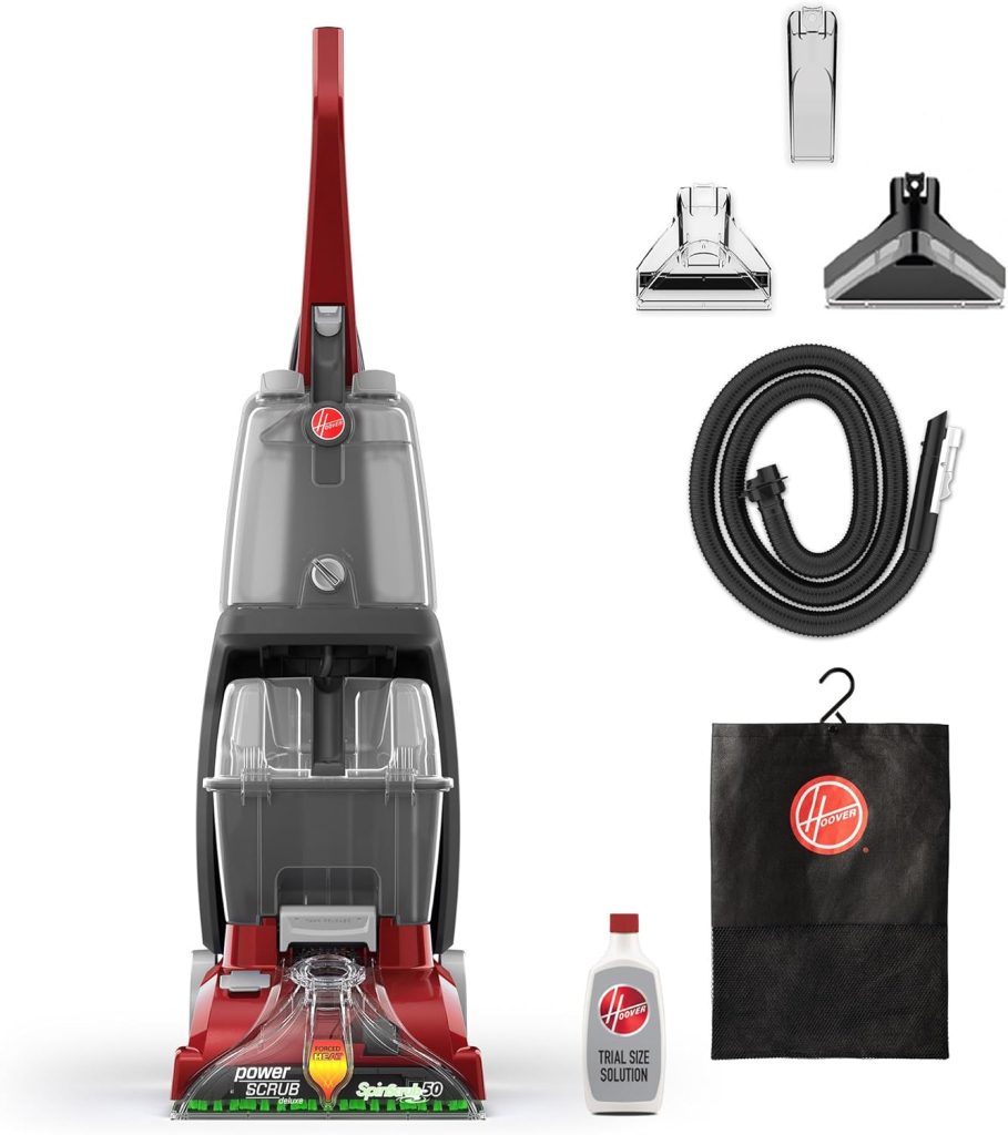 Image of the Hoover Power Scrub Deluxe Carpet Cleaner Machine, a red and gray upright carpet cleaning device featuring a dual water tank system, spin scrub brushes, and an ergonomic handle. Includes additional cleaning attachments and a bottle of cleaning solution, designed for deep carpet cleaning and stain removal.