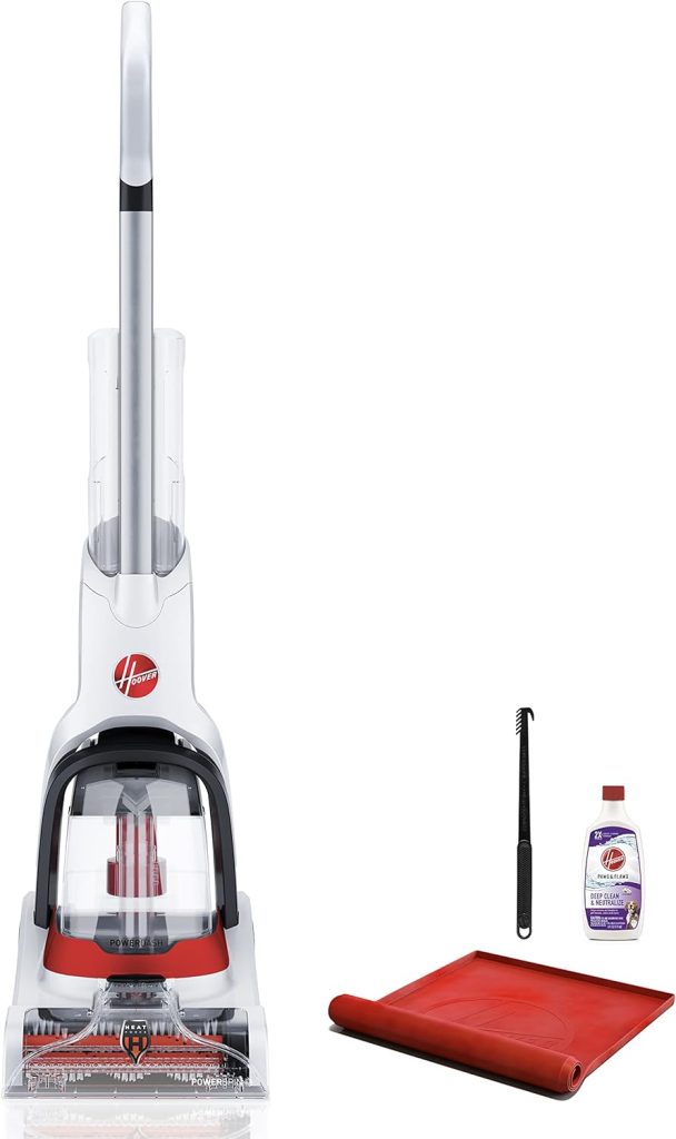 "Image of the Hoover PowerDash Pet Carpet Cleaner, a lightweight and compact upright carpet cleaner in blue and black. Features include a PowerSpin Pet Brush Roll, HeatForce technology for faster drying, and dual water tanks, designed for tackling pet messes and deep-cleaning carpets in smaller spaces."