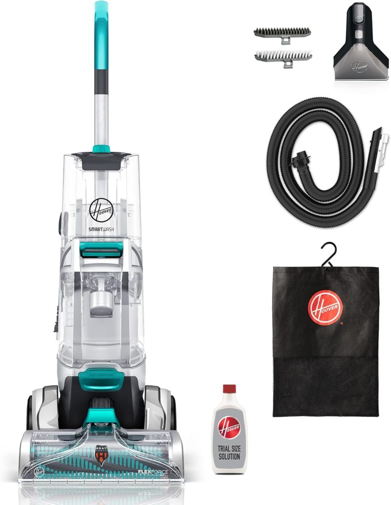 "Image of the Hoover SmartWash Automatic Carpet Cleaner Machine, a sleek, upright carpet cleaner in gray and teal. Features include an automatic cleaning motion sensor, removable water tanks, and a FlexForce PowerBrush system, designed for deep cleaning carpets with minimal effort."