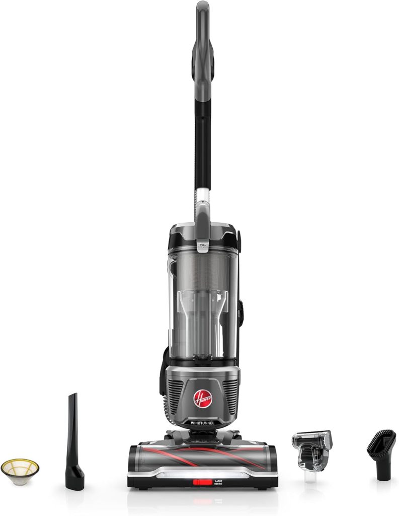 Hoover WindTunnel 2 Whole House Rewind upright vacuum cleaner featuring a powerful suction system, multi-floor cleaning capability, and a convenient cord rewind for easy storage.