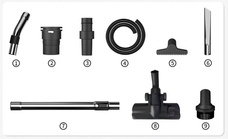 Set of nine vacuum cleaner attachments, including extension wands, hose connectors, flexible hose, crevice tool, dusting brush, upholstery tool, and a vacuum head, displayed on a white background.