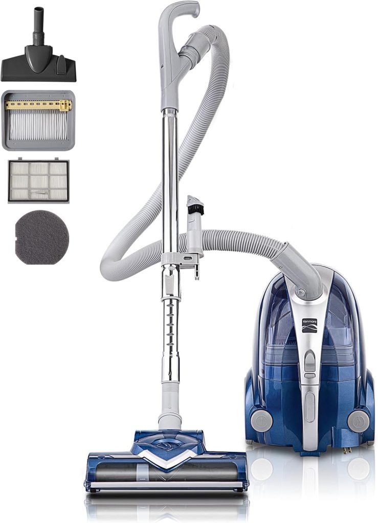 Kenmore 10701 Compact Bagless Canister Vacuum featuring a lightweight, compact design with a transparent dustbin, swivel steering, and versatile cleaning tools, displayed in a modern home for efficient cleaning of carpets, hard floors, and tight spaces.