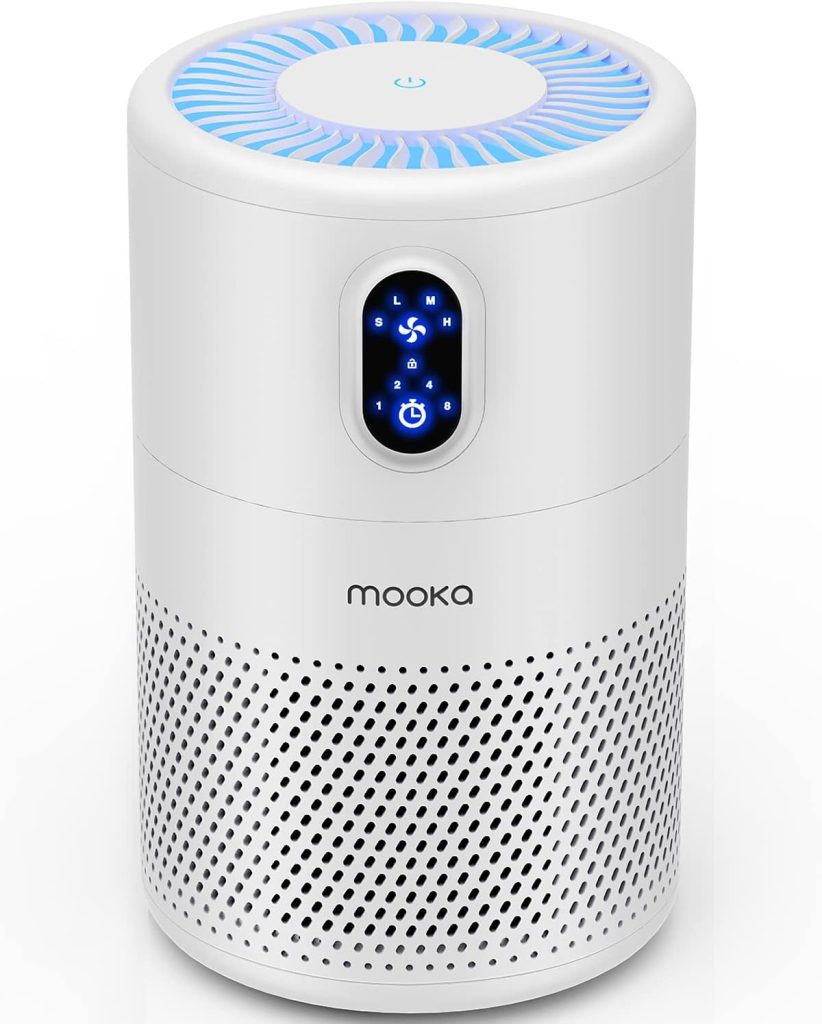 MOOKA Air Purifier designed for large rooms up to 1,076 square feet, showcasing a minimalist tower design with air vents and control buttons, placed in a spacious living area.