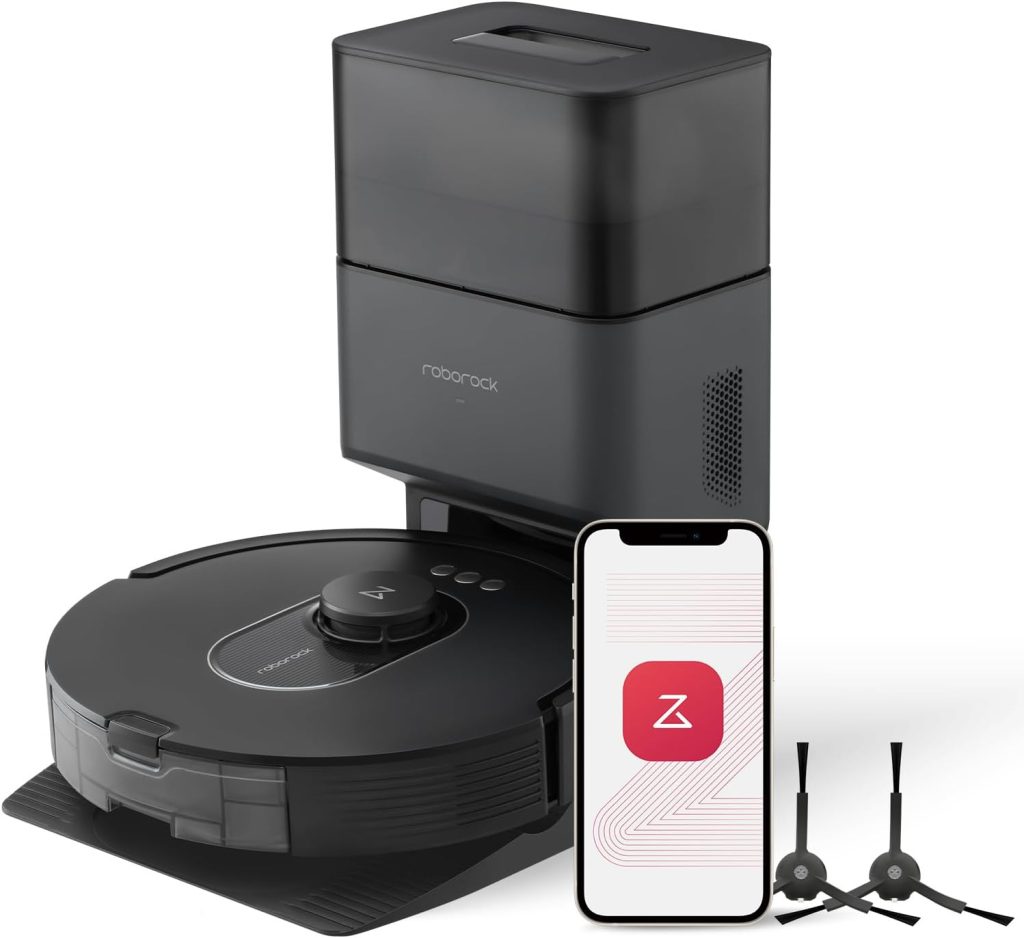 Roborock Q5+ robot vacuum in a streamlined design, shown alongside its auto-empty docking station, emphasizing its strong suction power and efficient cleaning performance.