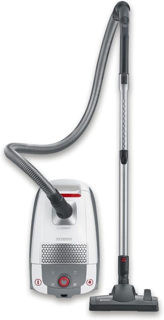 SEVERIN BC7047 Vacuum Cleaner with Bag featuring a sleek, modern canister design, powerful suction, and a variety of attachments, displayed in a clean home environment for effective cleaning of hard floors, carpets, and upholstery.






