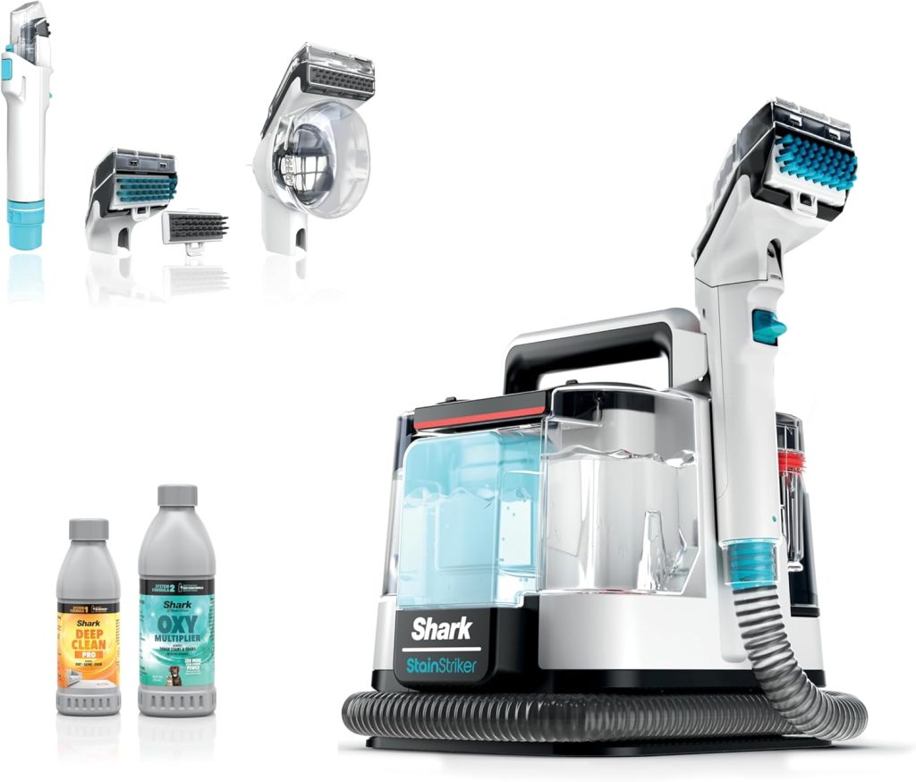 "Image of the Shark Carpet Cleaner Machine, Portable Upholstery StainStriker, a compact and handheld cleaning device in gray and blue. Features include a powerful spray and suction system, a detachable water tank, and a scrubbing brush, designed for spot-cleaning carpets and upholstery stains with ease." 