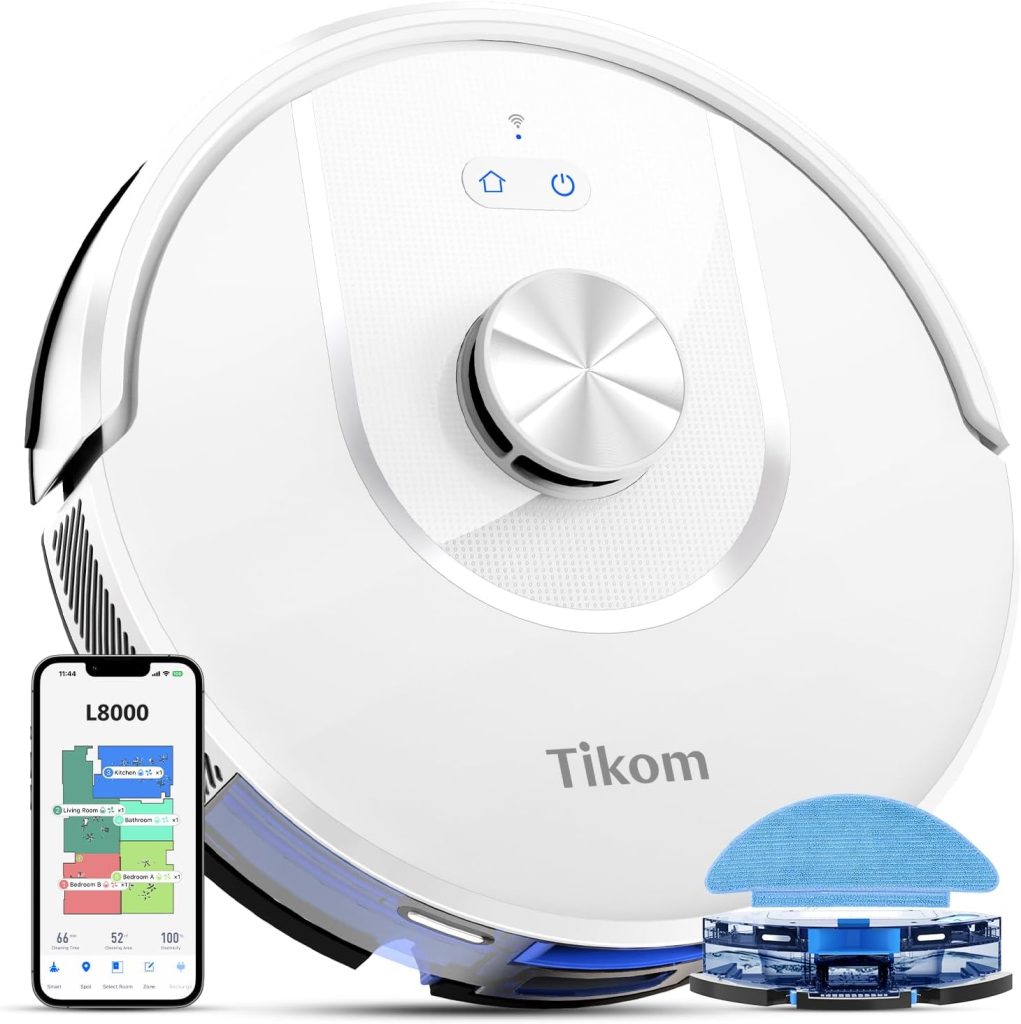 Tikom Robot Vacuum and Mop L8000 with a sleek, modern design, shown on a clean floor, emphasizing its powerful suction, dual cleaning capability, and smart navigation features.