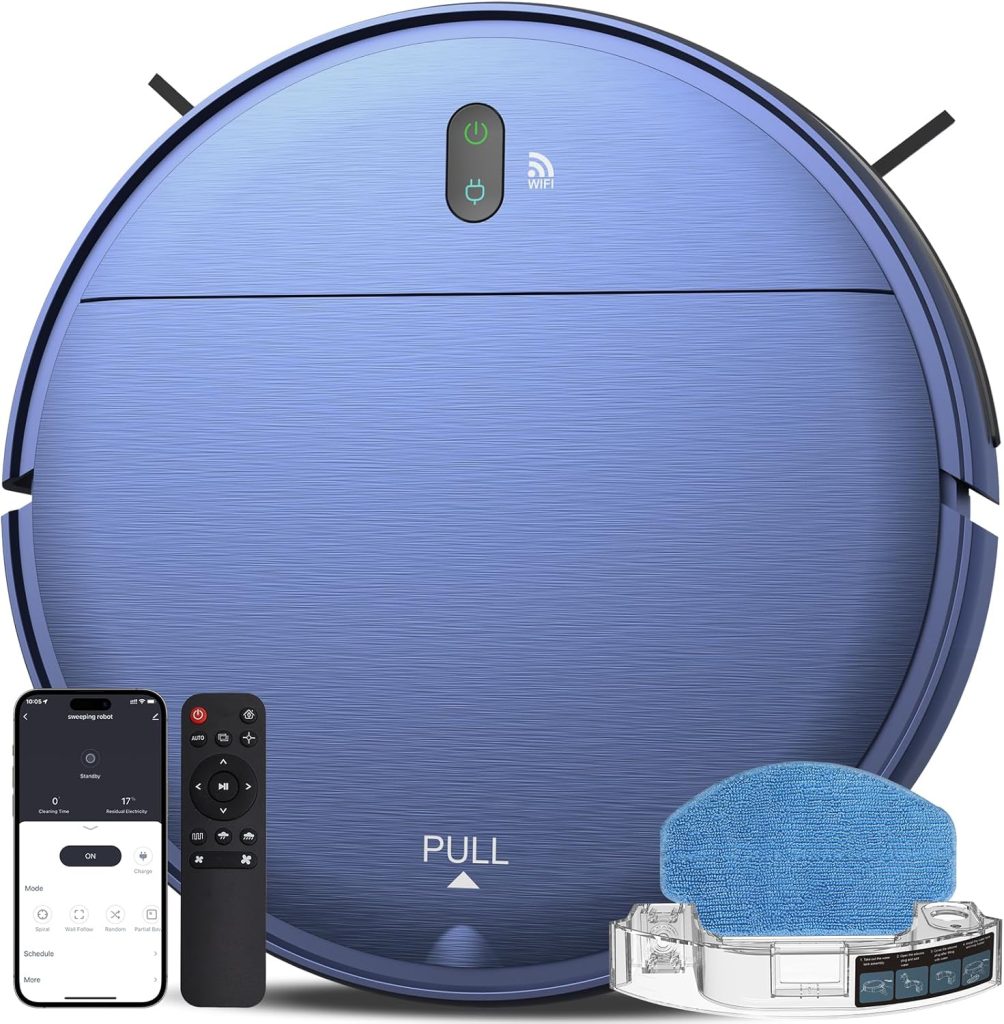 ZCWA Robot Vacuum and Mop Combo with a compact, rounded design, displayed on a hard floor surface, highlighting its dual vacuuming and mopping functionality for versatile cleaning.