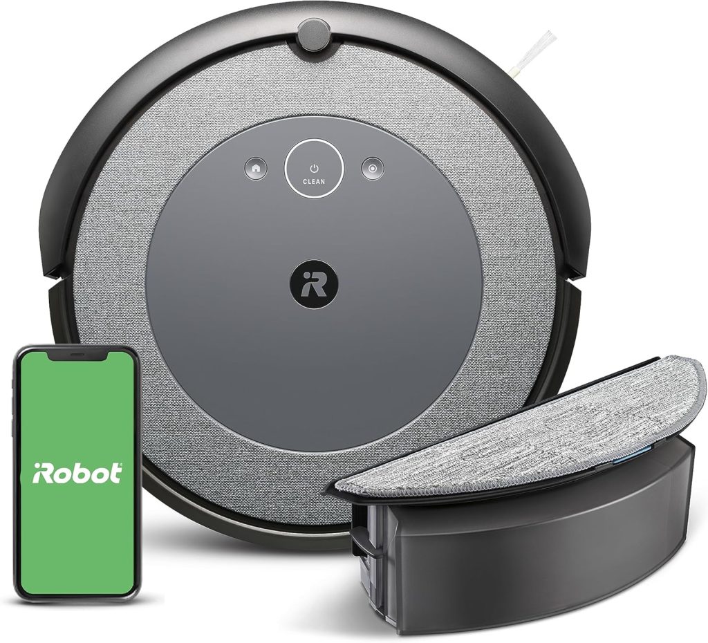 iRobot Roomba Combo i5+ robot vacuum and mop in a modern, compact design, docked at its base, showcasing its advanced cleaning capabilities and self-emptying feature.