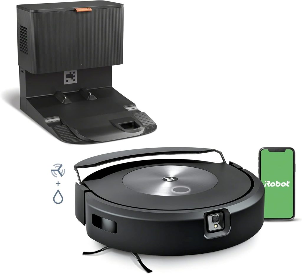 iRobot Roomba Combo j7+ robot vacuum and mop in a compact, stylish design, docked on its base, featuring its retractable mop and precision cleaning technology.