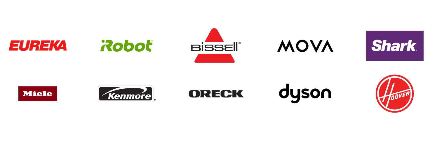 Logos of top vacuum cleaner brands including Eureka, iRobot, Bissell, Mova, Shark, Miele, Kenmore, Oreck, Dyson, and Hoover, displayed on a white background.